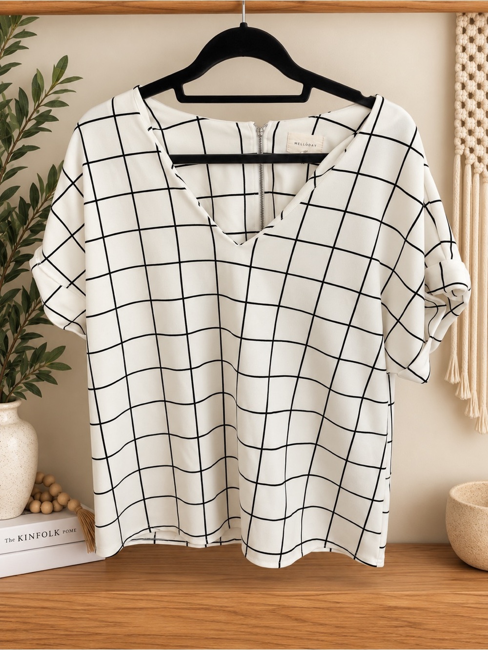 V-Neck Windowpane Grid Blouse - White/Black